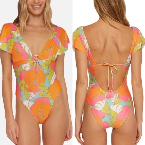 NWT Trina Turk Playa De Flor Floral Flutter Sleeve Cutout One Piece Swimsuit - Picture 9 of 9